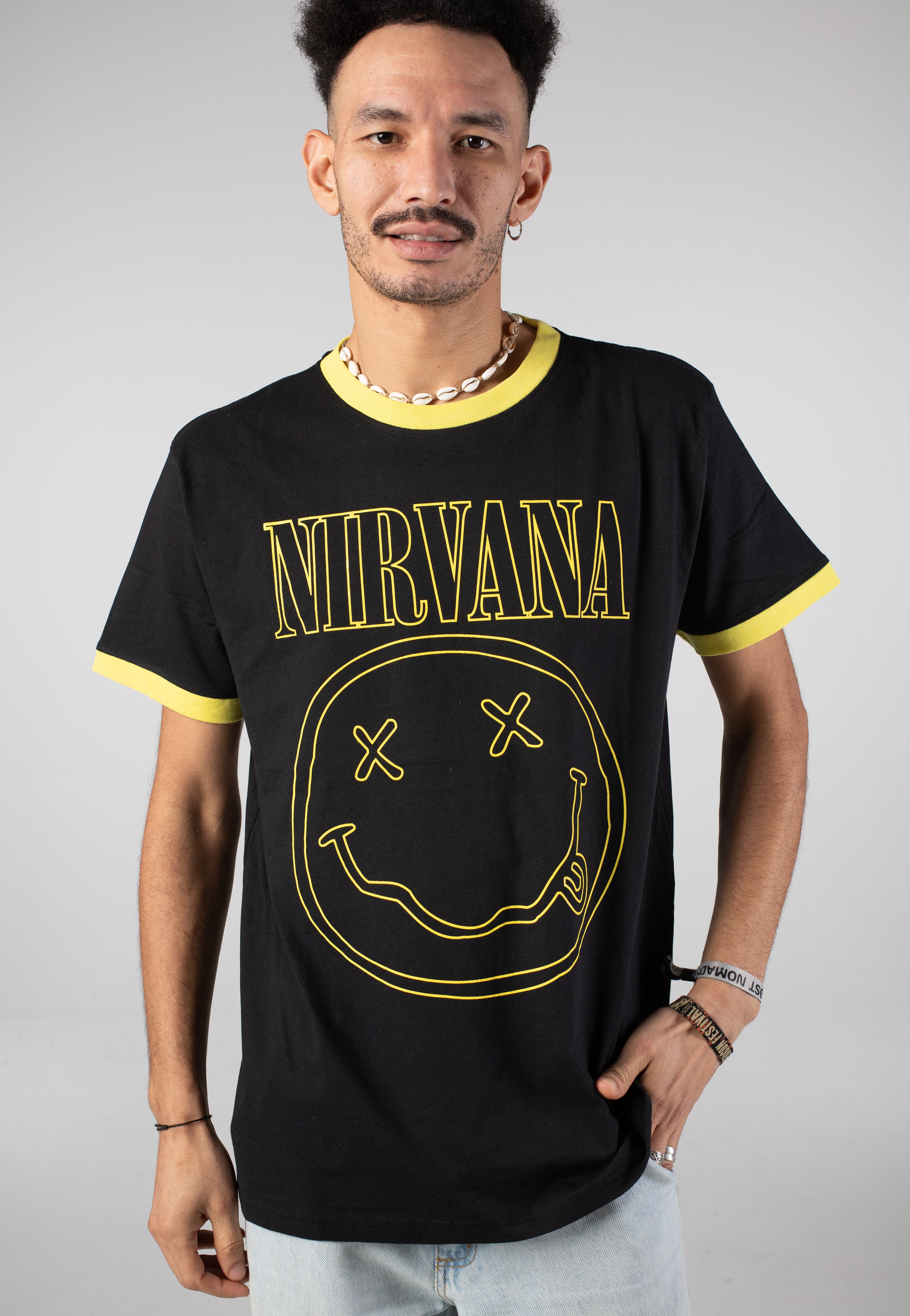 Nirvana - Outline Happy Face Ringer - T-Shirt | Men-Image